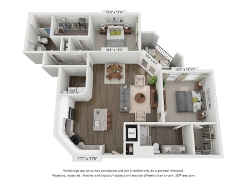 Floor plan for 2 beds, 2 baths, 1221 sqft